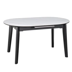 Masa extensibila Dalia 2, alb cu efect de marmura/negru, ceramica/metal, 140-180x85x76 cm